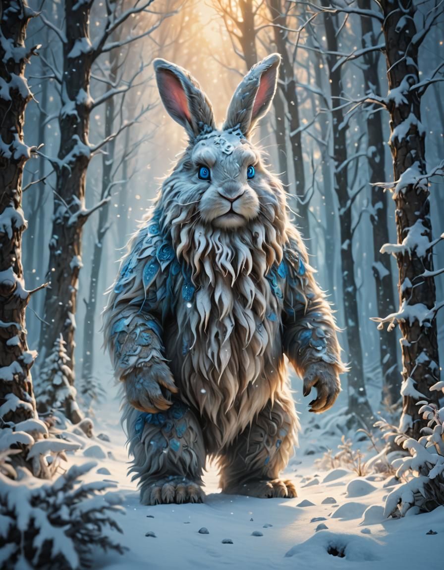 Rabbit Yeti in Snowy Forest: Digital Painting