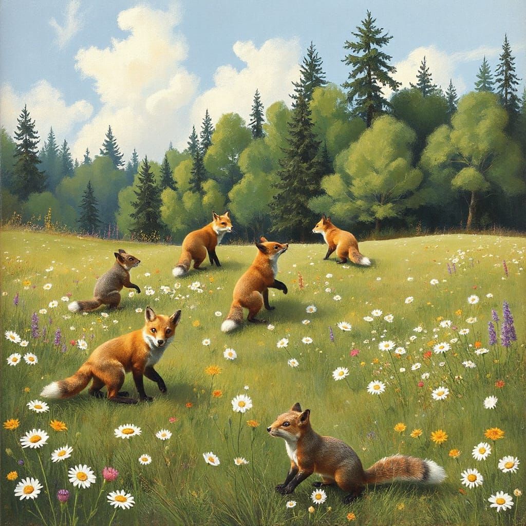 Foxes and Squirrels in Impressionist Meadow