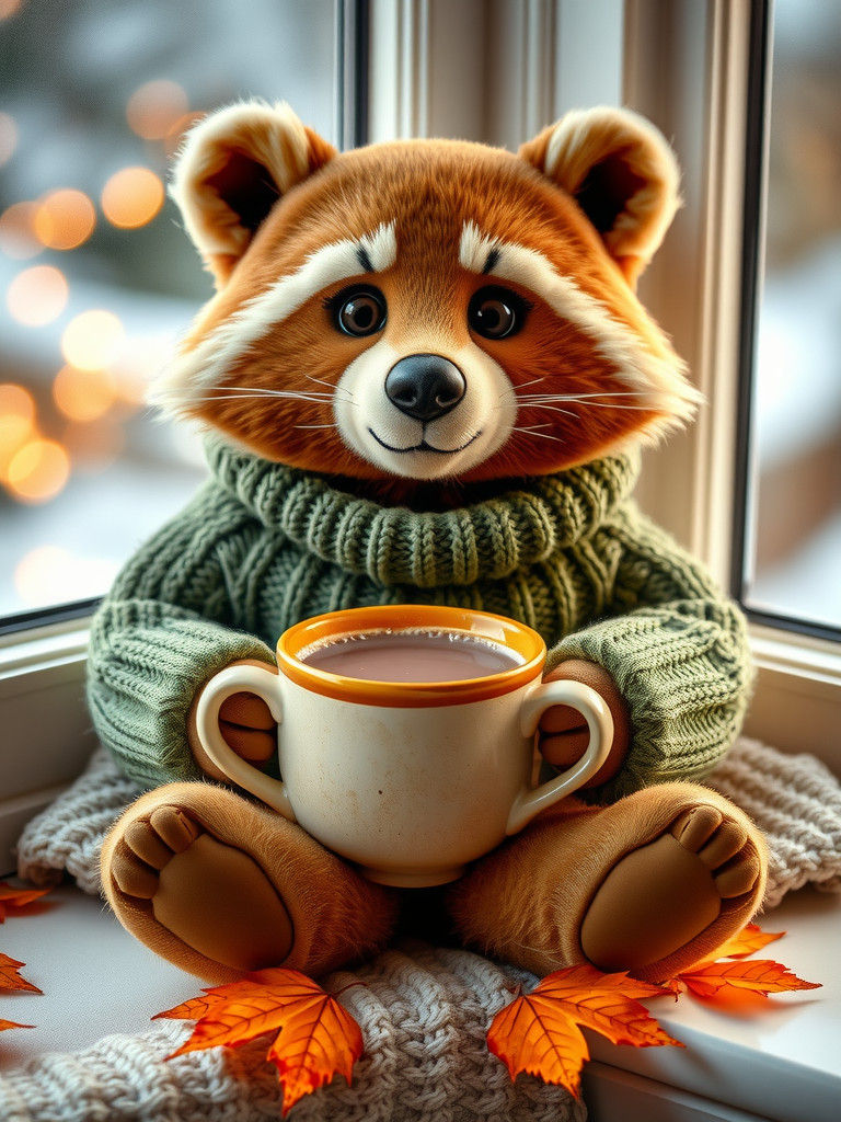 Cute Raccoon-Teddy Bear Enjoying Cocoa