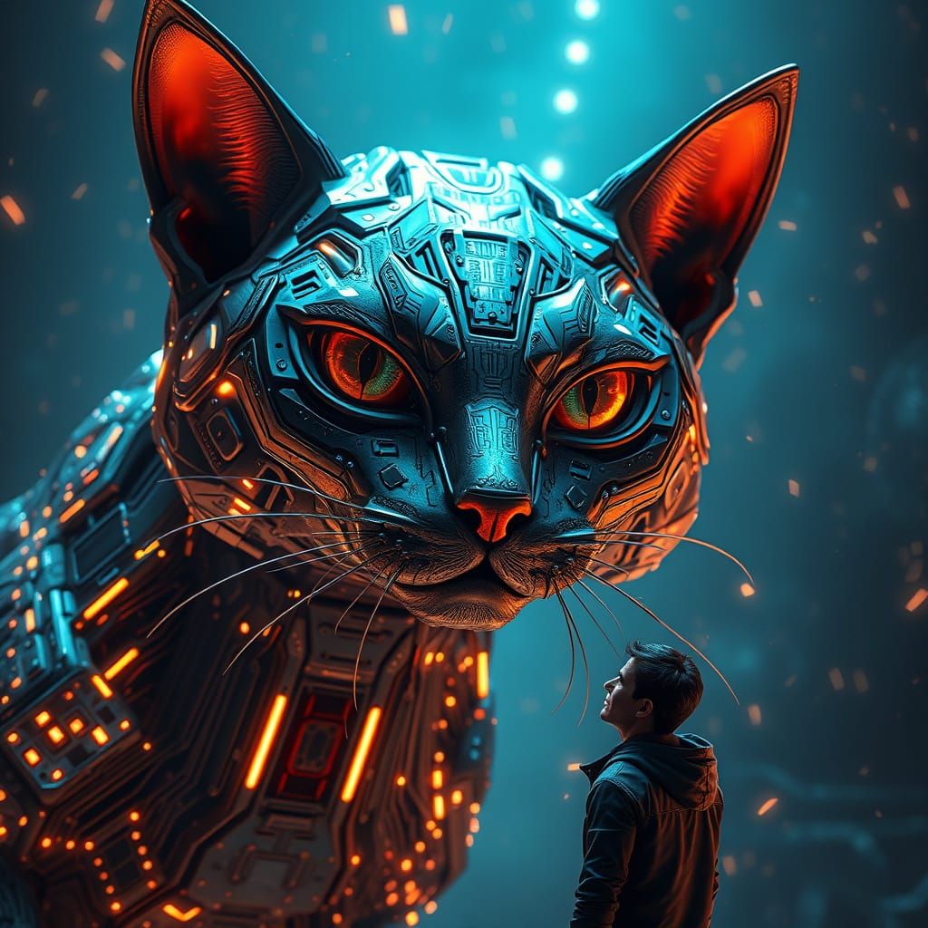 Giant Silicon Cat Overlooks Man: 3D Game Art