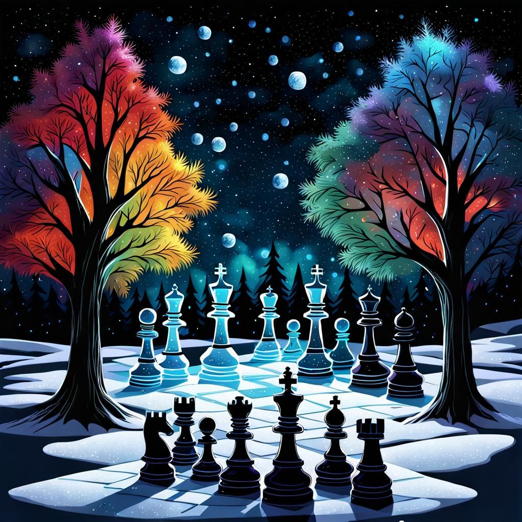 Cosmic Ice Chess Pieces on Night Sky Folk Art