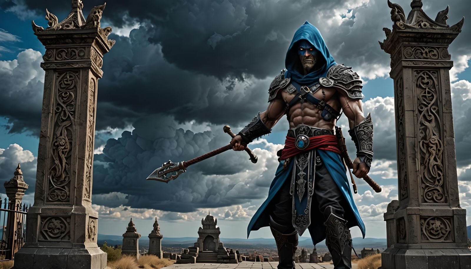 Hooded Gatekeeper with Red Stone Staff in Hyperrealism