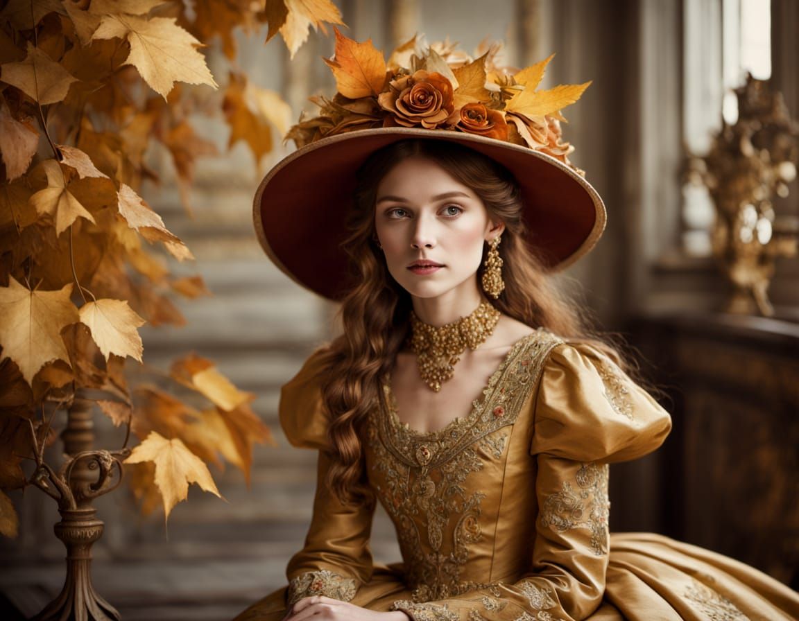 Art Nouveau Woman in Golden Gown with Floral Details
