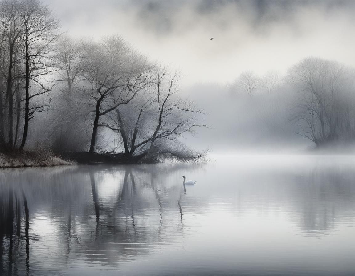 Misty Lake Swan in Grayscale Watercolor