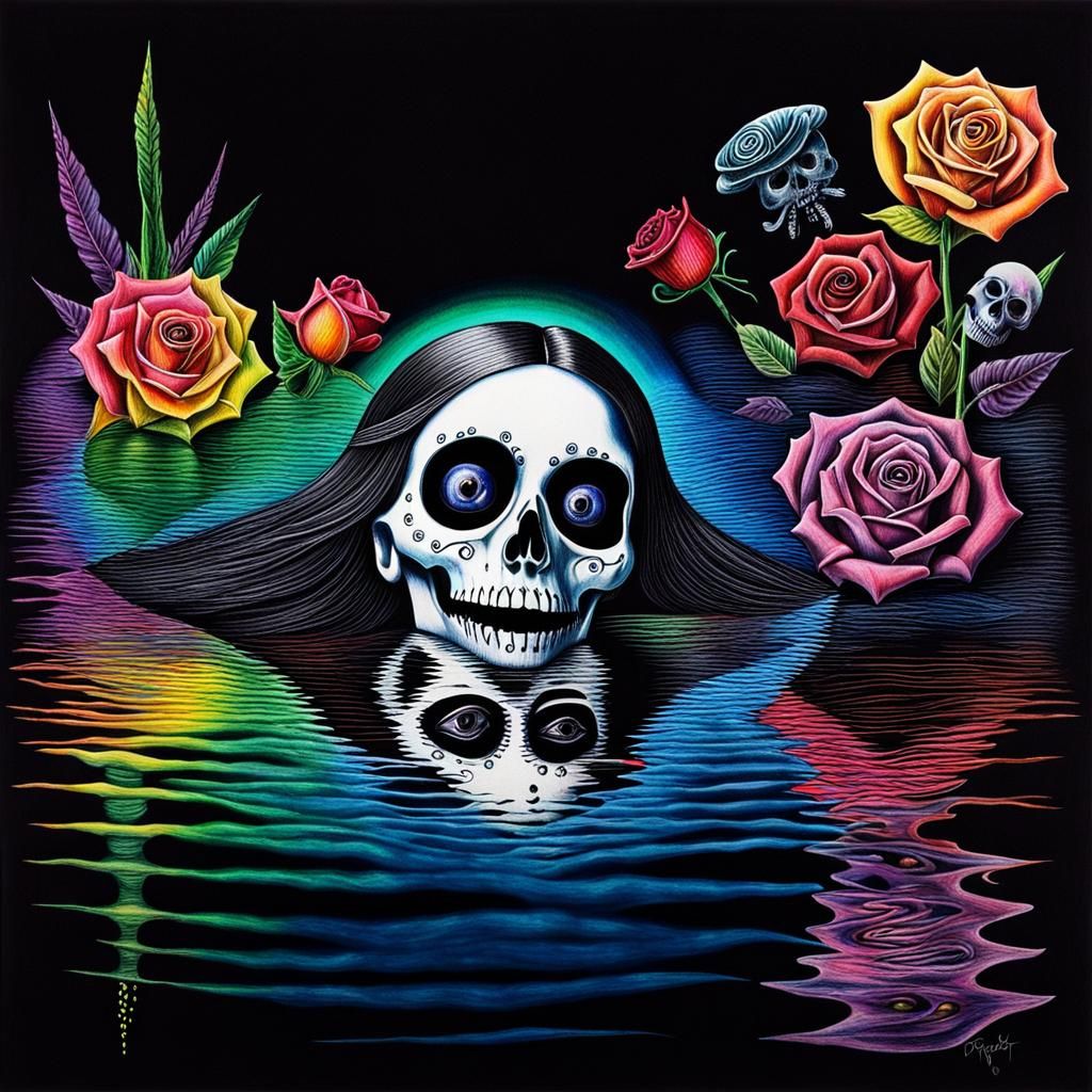 Surreal Crayon Drawing: Goth Woman in Darkness