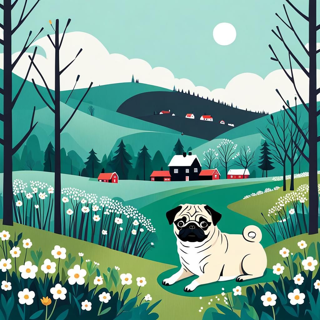 Pug in Scandinavian Spring Landscape