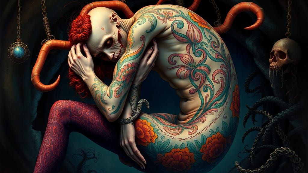 Surreal Tattooed Contortionist in Biomechanical Fantasy Art