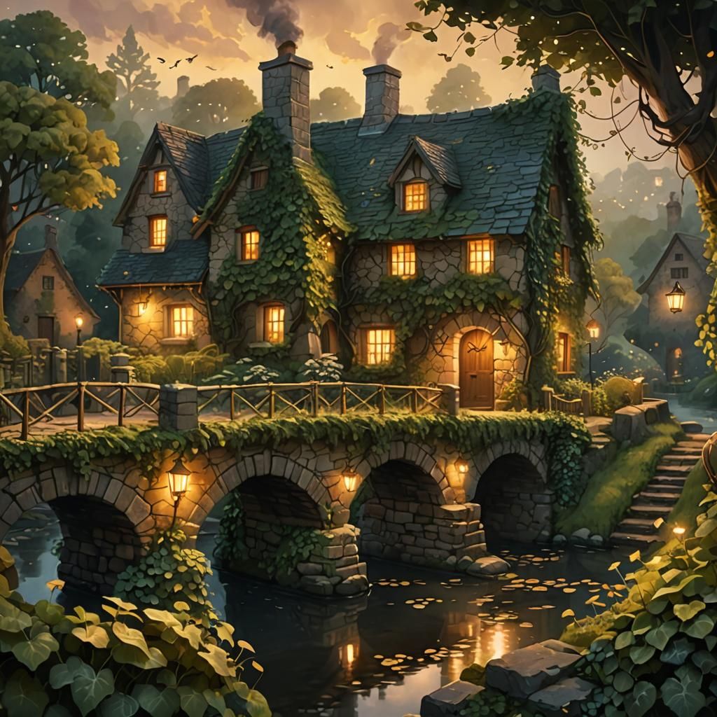 Mystical Stone Bridge in Watercolor Fantasy