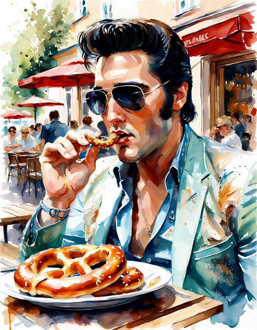 Elvis Presley Eating Pretzel in Bavaria, Watercolor