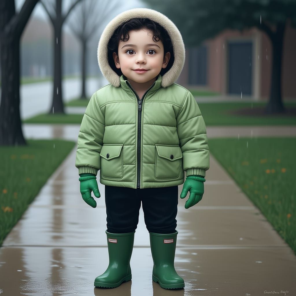 Cute Jewish Boy in Green Winter Outfit