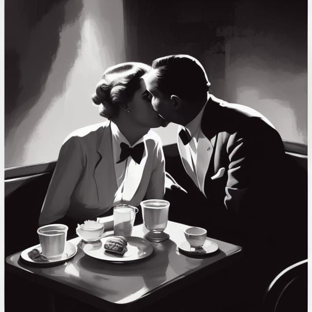 Romantic Cafe Kiss in Film Noir Style
