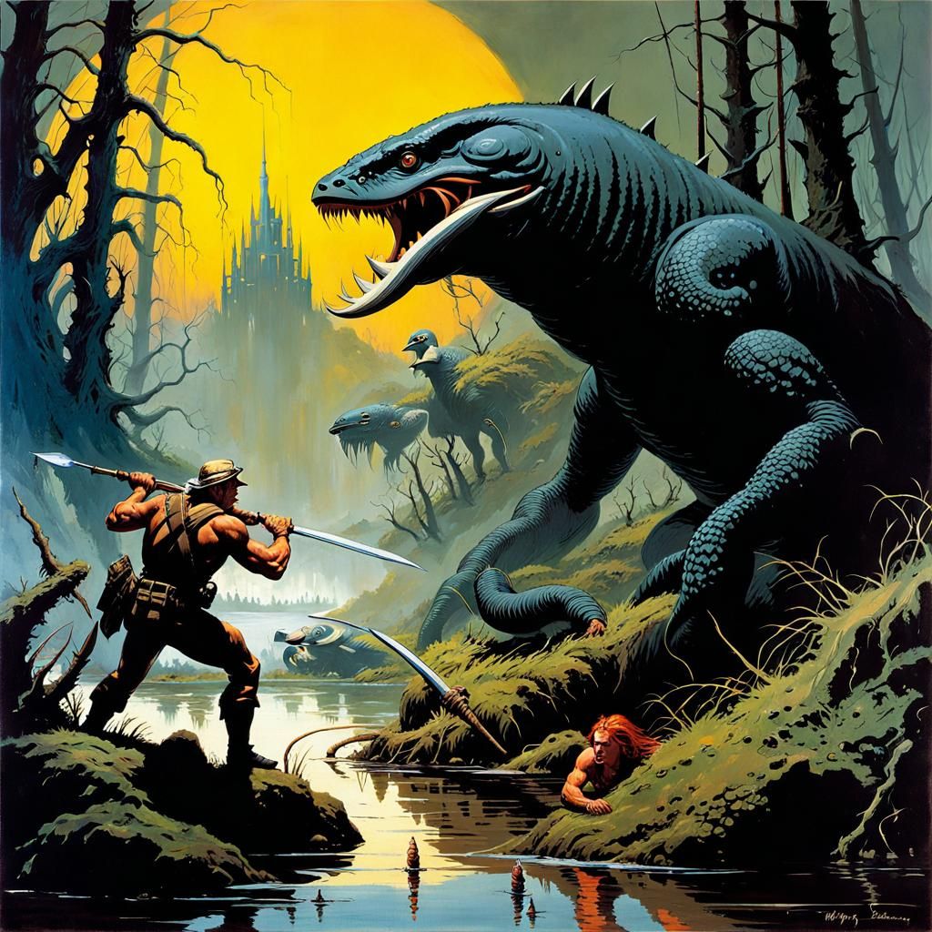 Hunters Battle Swamp Monster in Fantasy Art Style