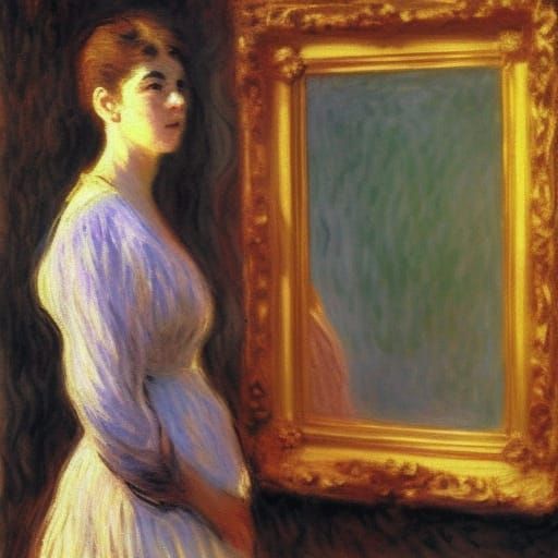 Claude Monet style, impressionist painting, woman in front of a mirror