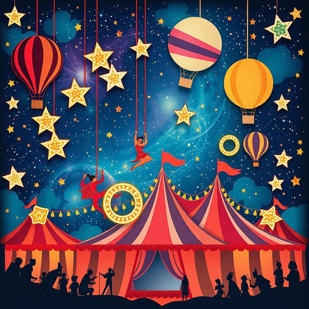 Fantasy Circus in Starry Sky: Papercut Illustration