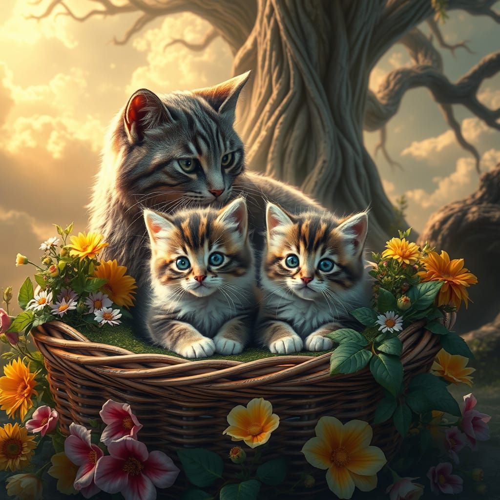 Feline Family Scene in Whimsical Landscape