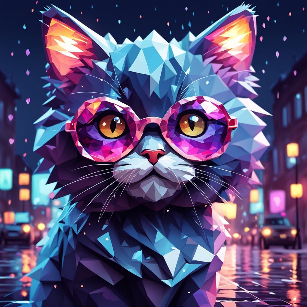 Whimsical Low-Poly Art of a Cute Kitty in the Rainy City