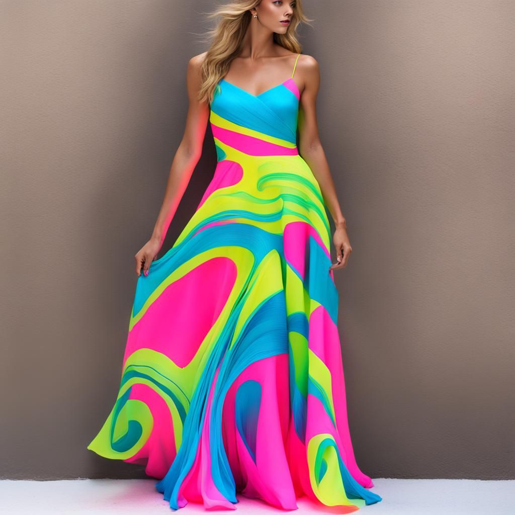 Elegant Neon Gown with Vibrant Swirls
