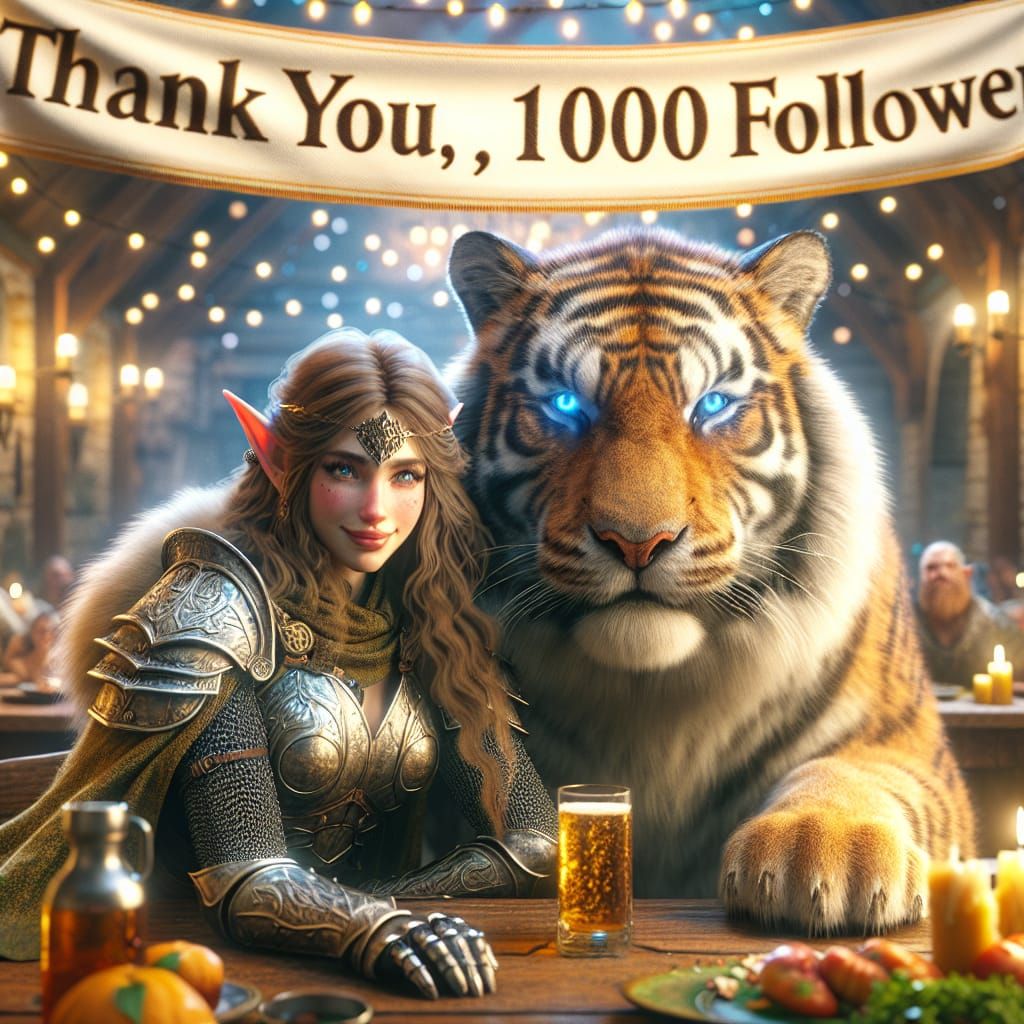 Elf Warrior Celebrates 1000 Followers in Tavern