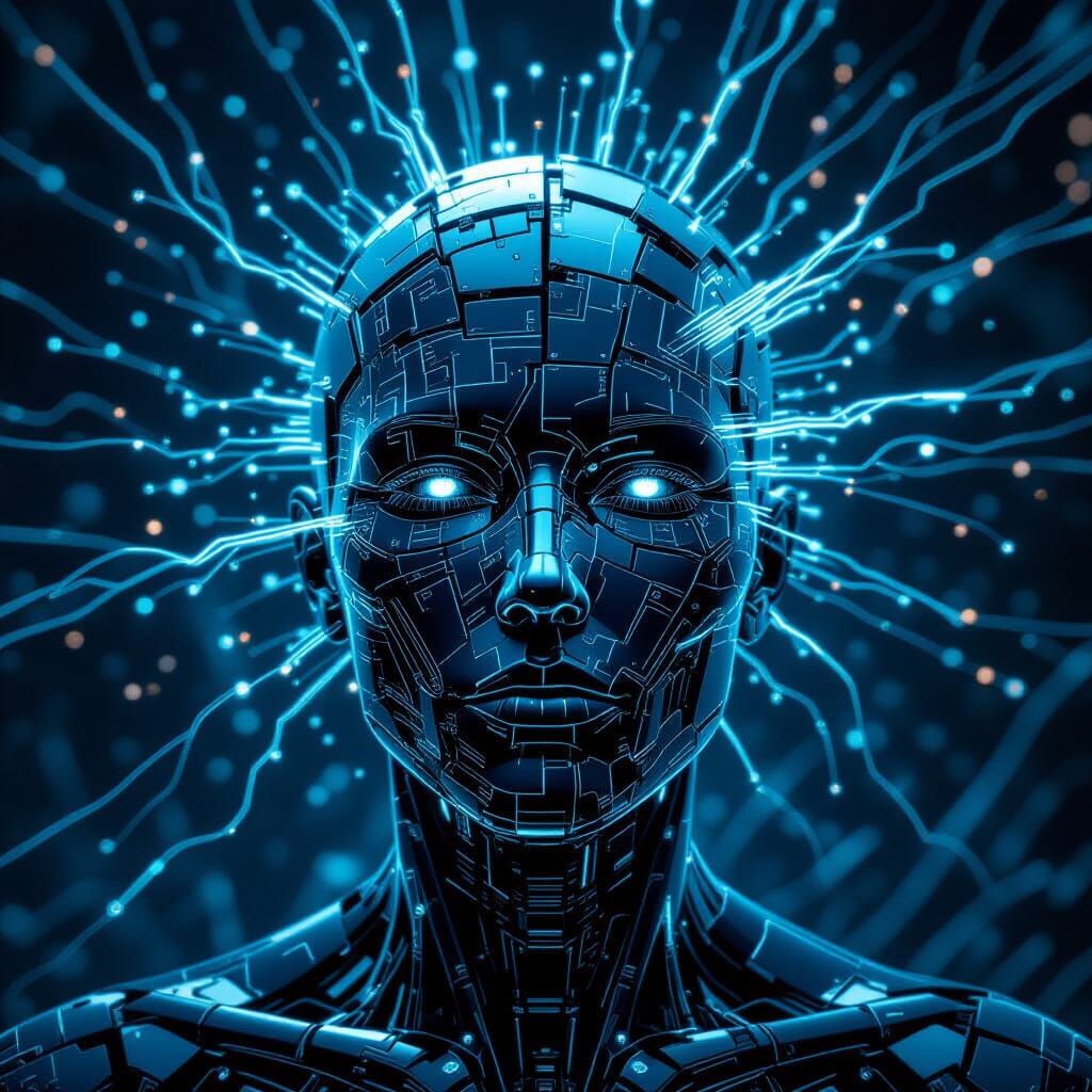 Fractured Glass Head with Cyan Light Network