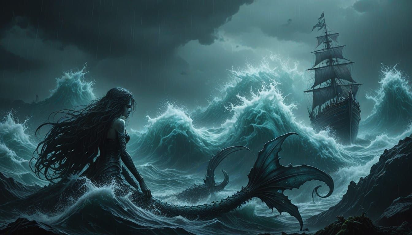 Sinister Mermaid with Spear in Stormy Seas