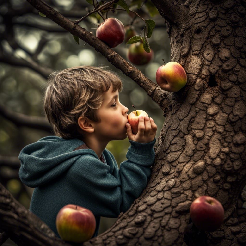 Butterfly on Tree with Child Eating Apple