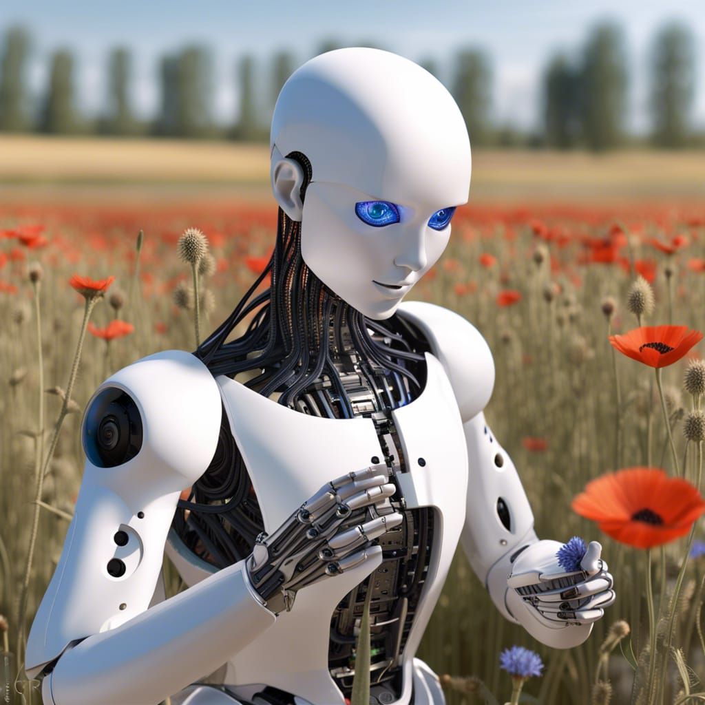 Humanoid Robot Holding Flower in Poppy Field