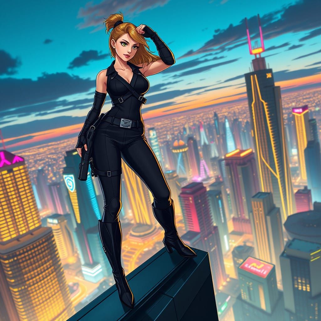 Sleek Heroine Dominates Futuristic Cityscape in 3D Digital A...