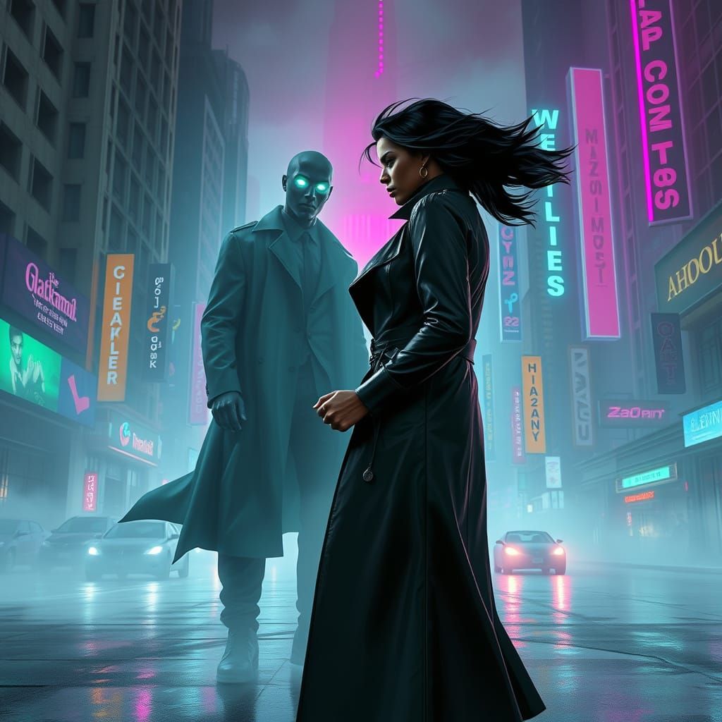 Cyberpunk Anti-Heroine Confronts Supervillain in Neon-Drench...