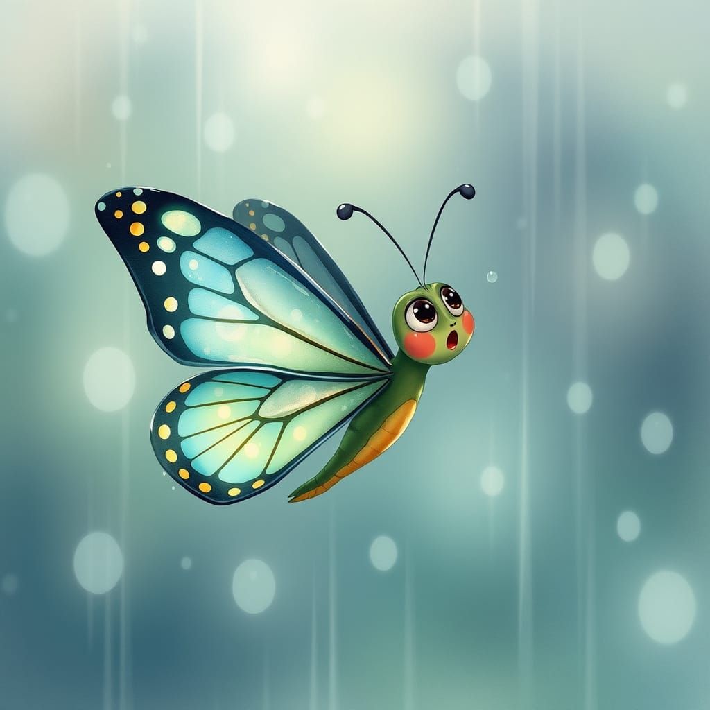 Surprised Cartoon Butterfly Flying into Mist