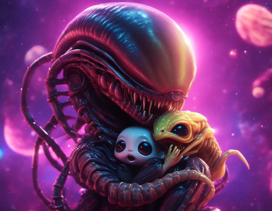 Adorable Chibi Facehugger Hugging Xenomorph in Pastel Colors