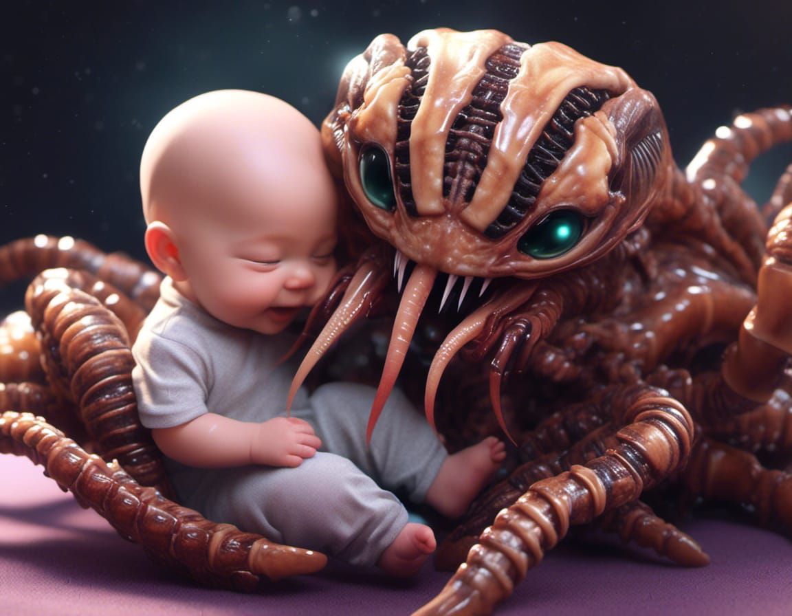 Adorable Chibi Facehugger Hugs Baby Xenomorph