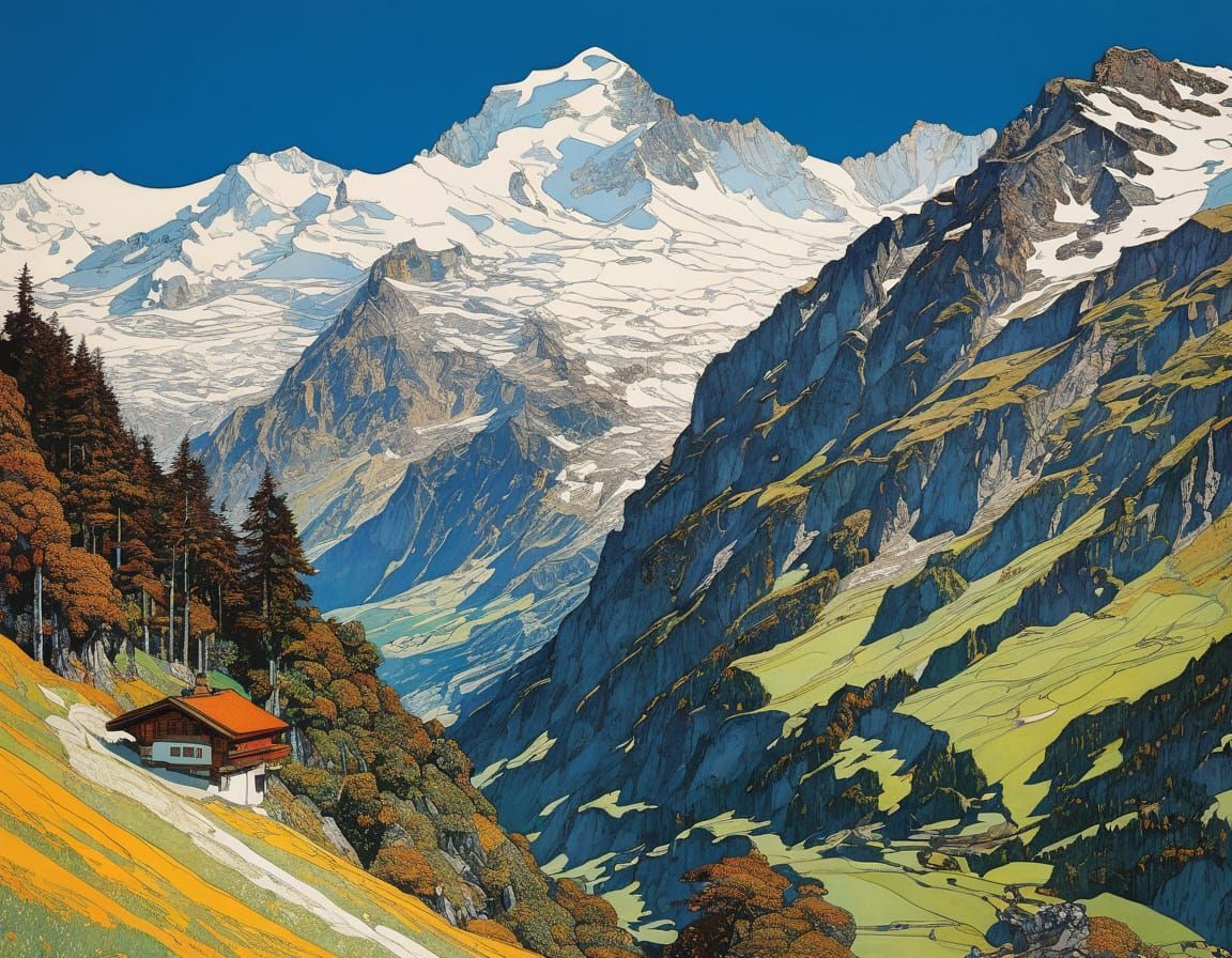 Swiss Alps in Vibrant Organic Line Drawing Style