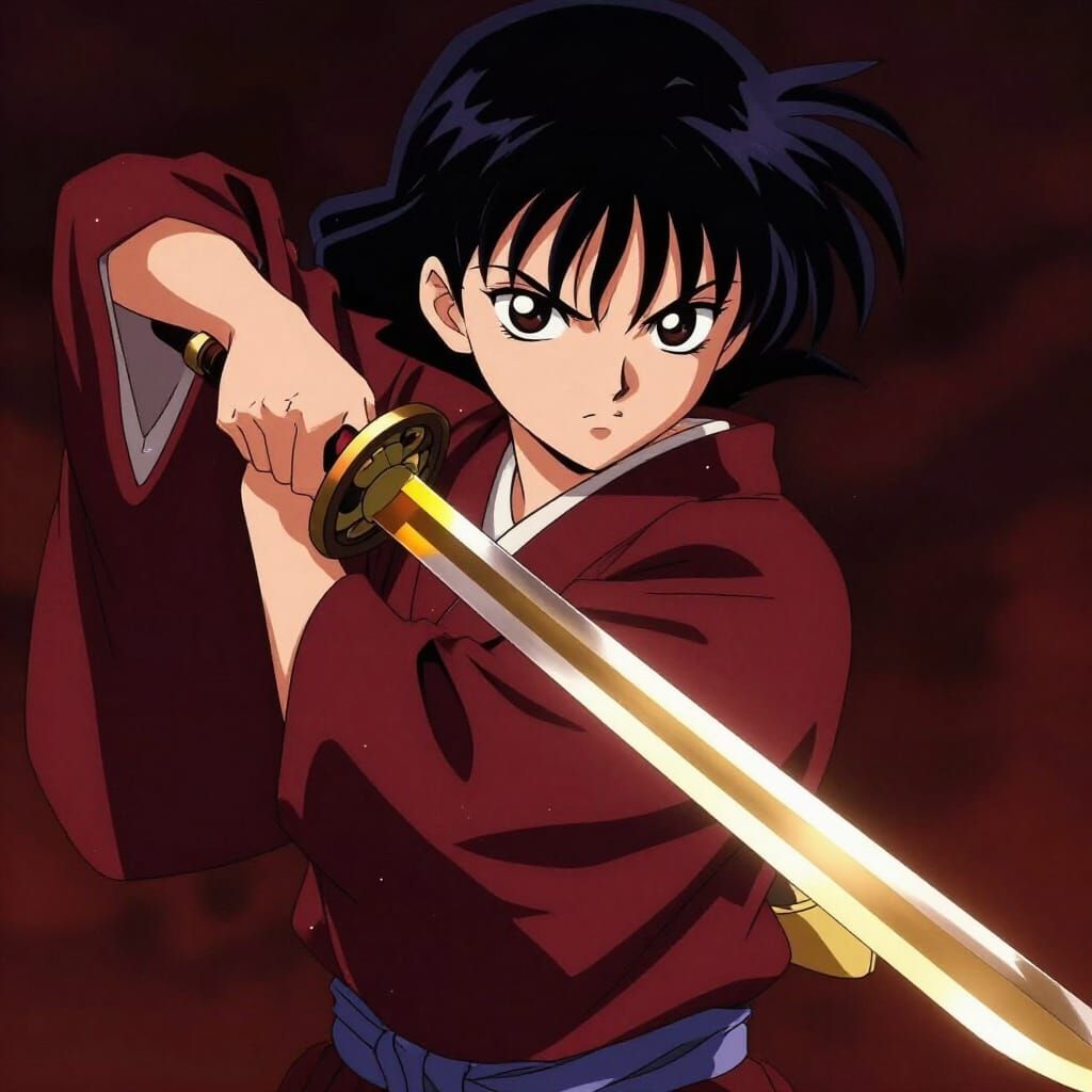 Fierce Anime Girl Drawing Golden Sword in Fury