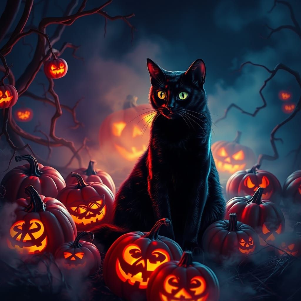 Black Cat Among Glowing Pumpkins on Halloween