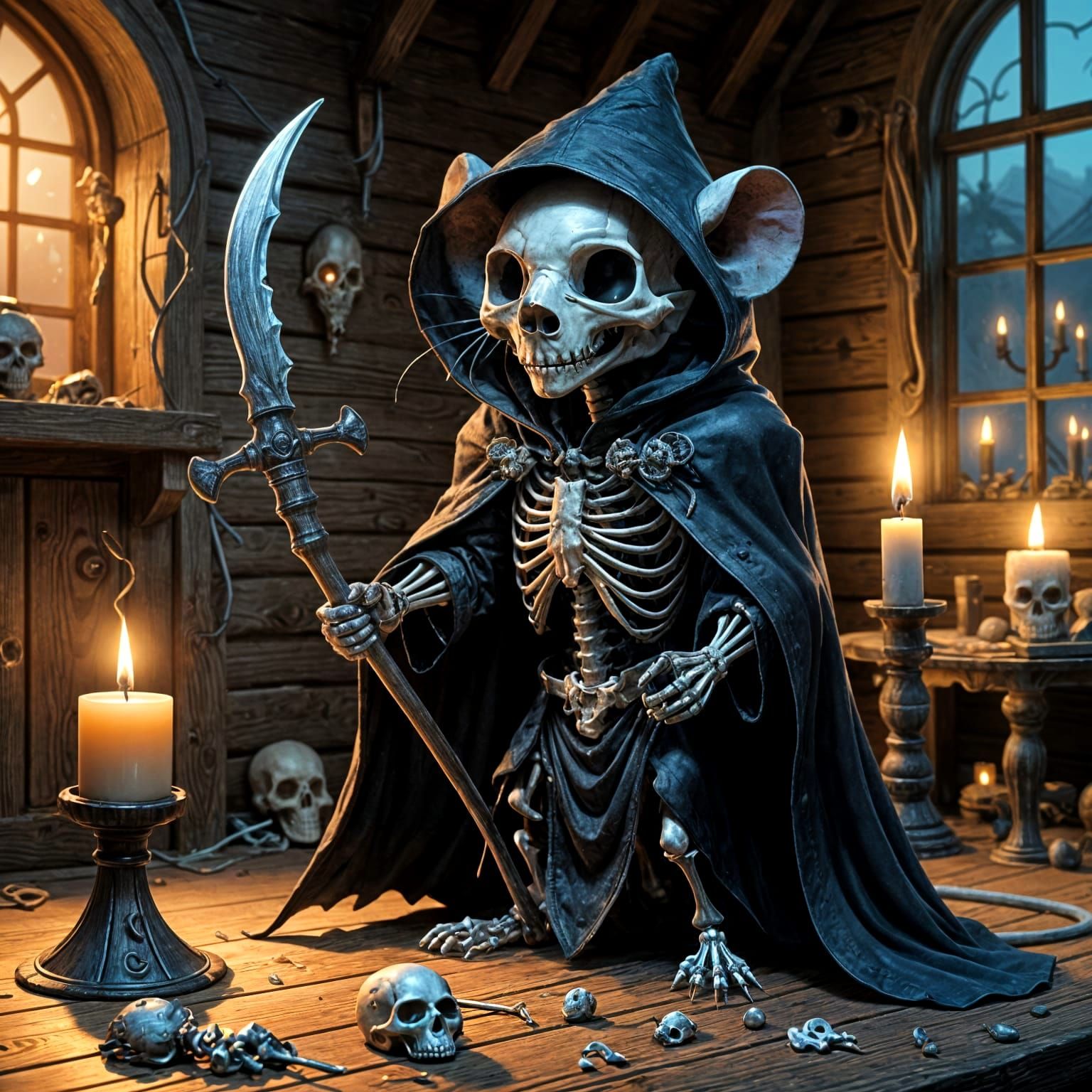 Mouse Reaper in Candlelit Cabin Scene in Hyperdetailed Digit...