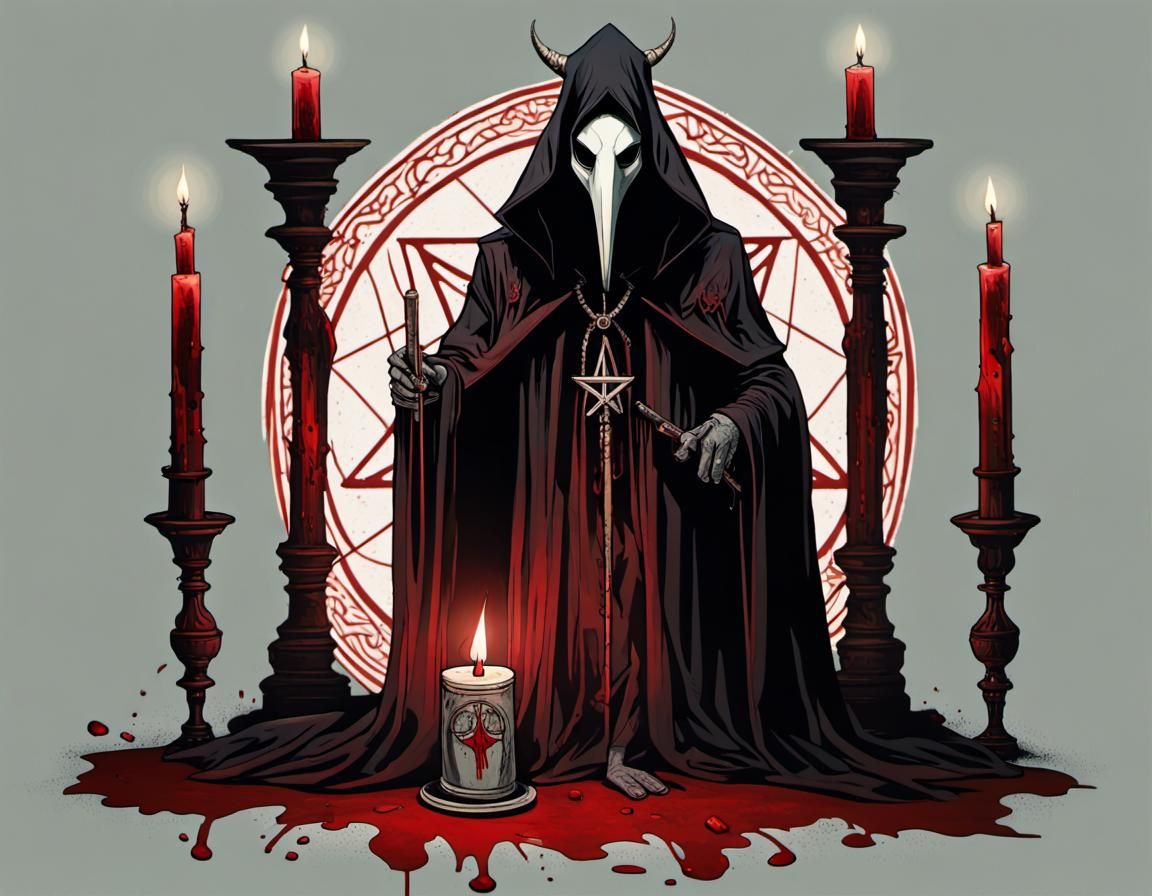 Sinister Plague Doctor in Satanic Ritual Chamber