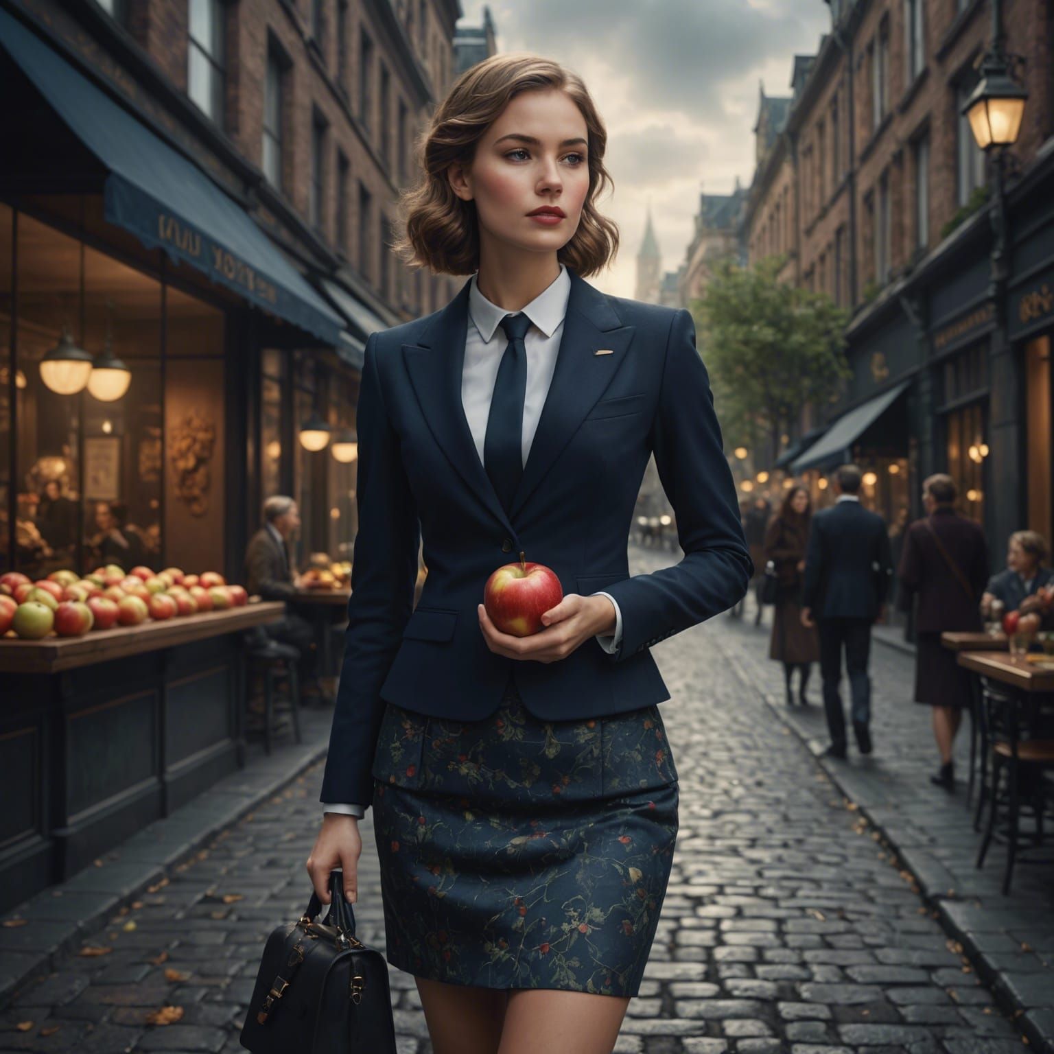 Elegant Woman in Modern Suit Eating Apple