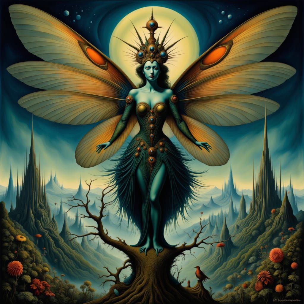 <lora:Fae 3:1.0> A majestic, clockwork owl perched on a gnar...