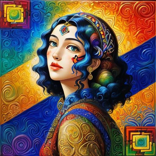 Wild and free with a beautiful face and hair art deco folk art geometric abstract art cubism pop art acrylic art fractal...