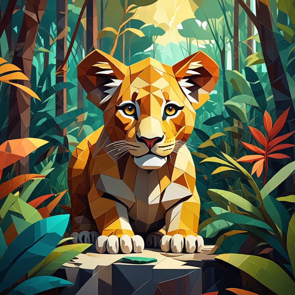 Lion Cub in Jungle: A Cubist Painting