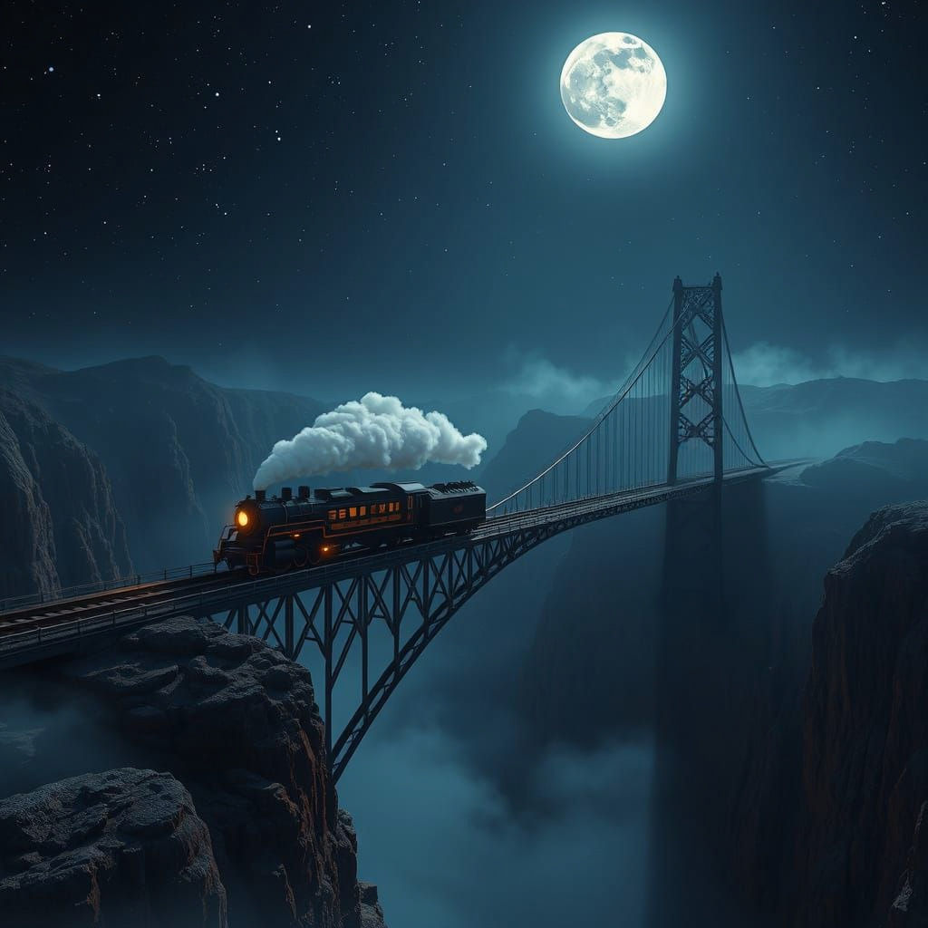 Train over a canyon late at night.