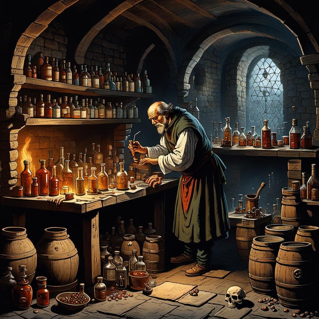 An alchemist in the Middle Ages in his gloomy workshop