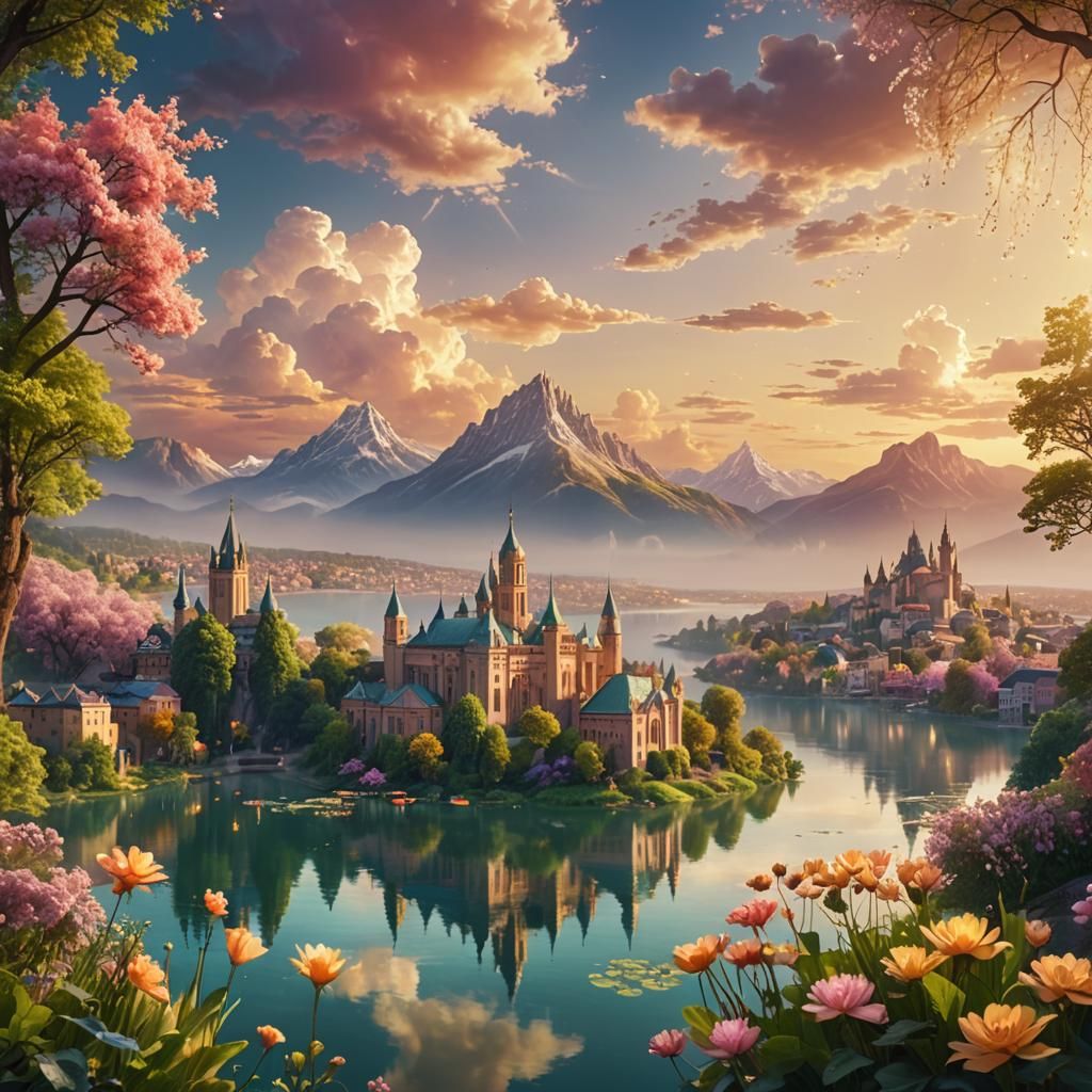 Heavenly Vista: Radiant Buildings in Golden Light