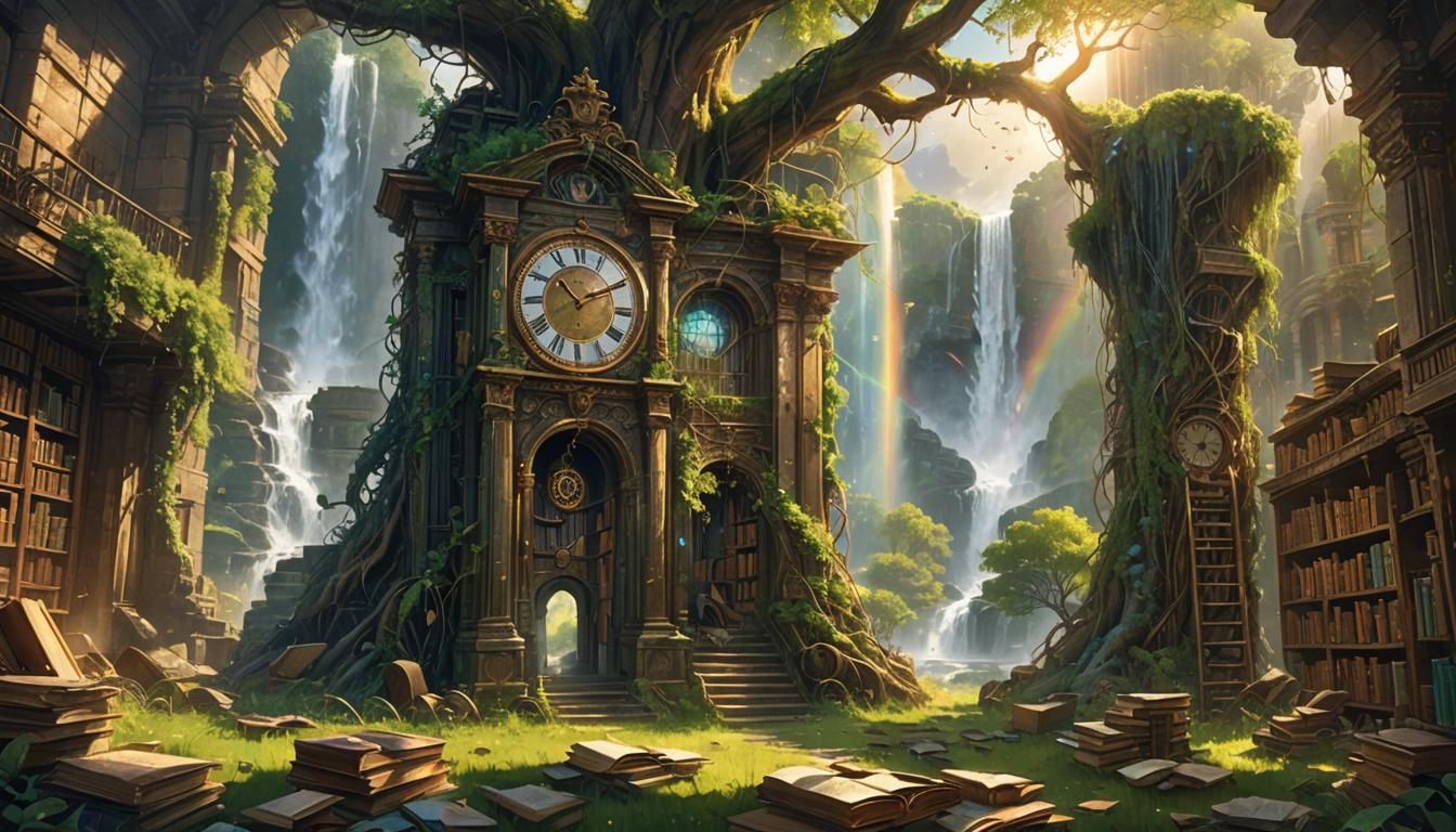 Post-Apocalyptic Library with Waterfall and Rainbow