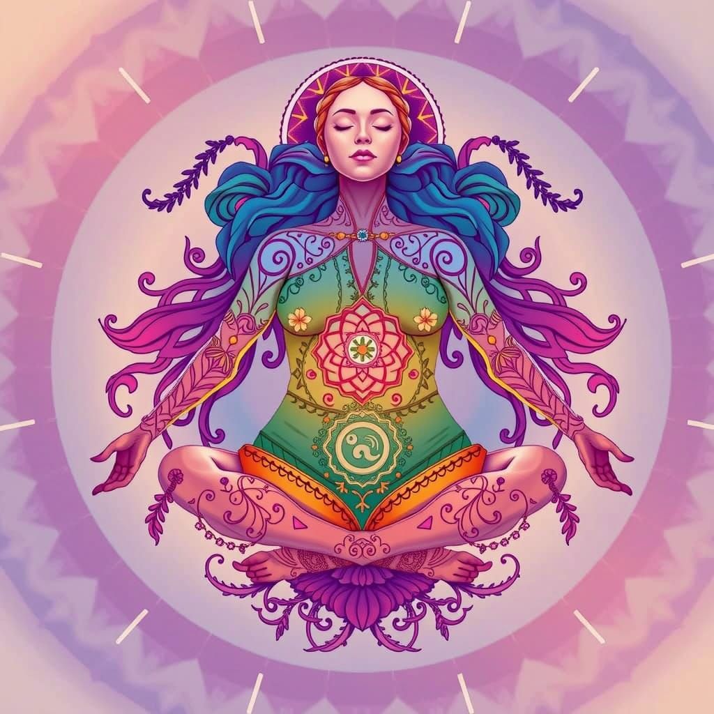 Serene Woman in Yoga Lotus Pose, Radiant with Golden Glow