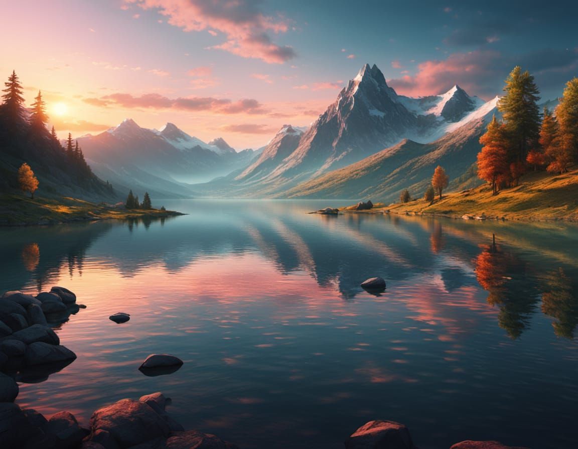 Mountain Lake Sunset: Hyper-Realistic Digital Art