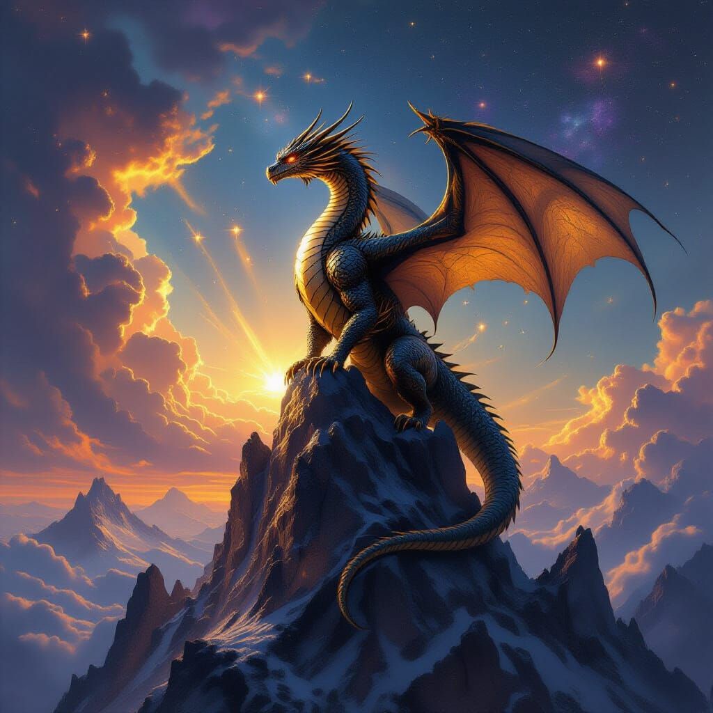 Ancient Golden Dragon on Crystal Peak in Cosmic Nebula