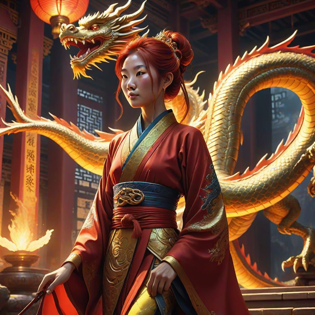 Ethereal Dragon Mother in Vibrant Asian Temple