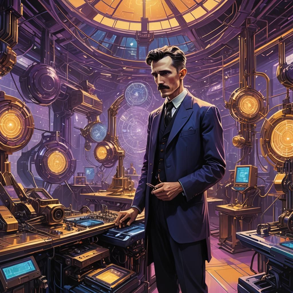 Nikola Tesla in a High-Tech Sci-Fi Lab