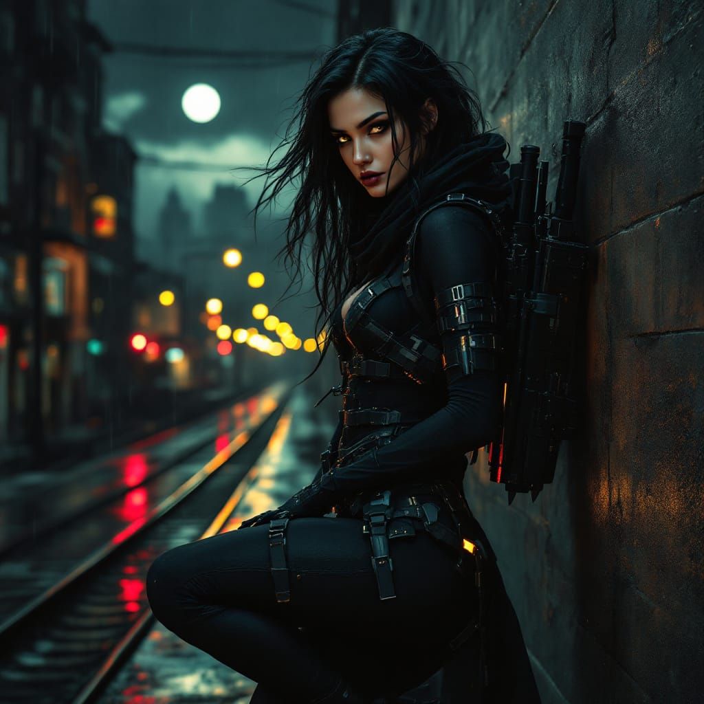 Vampire Assassin in Noir Cityscape